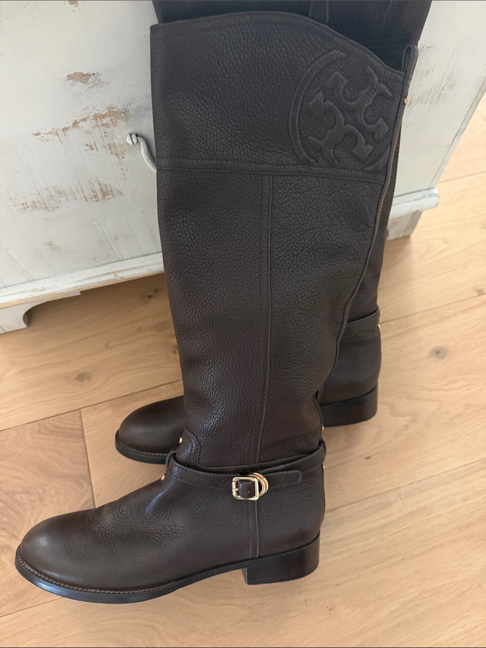 Tory Burch Dark Brown Pebbled Leather Tall Boots with Gold Buckle